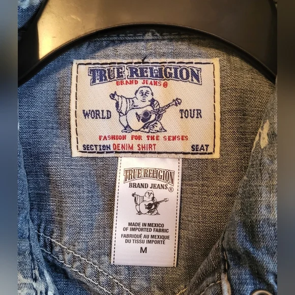 True Religion Blue Denim Shirt with Rose Designs M - Picture 3 of 6